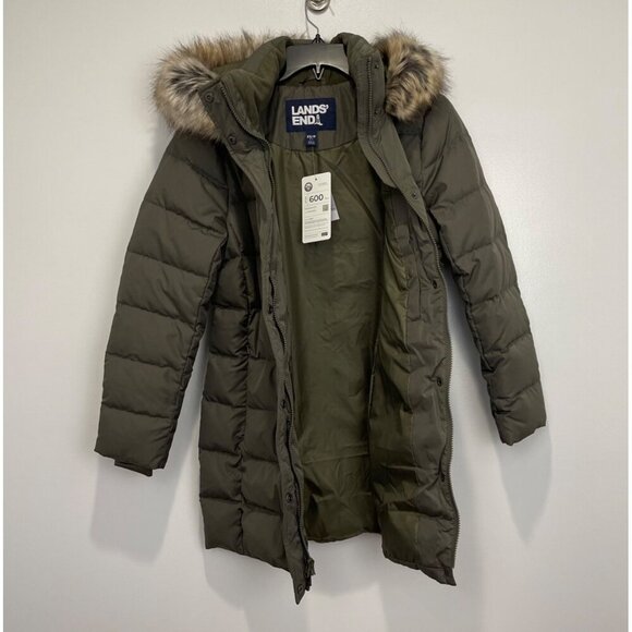 NWT Lands' End Women's 600 Down Winter Long Coat w Hood Forest Moss XS Petite - Picture 4 of 13